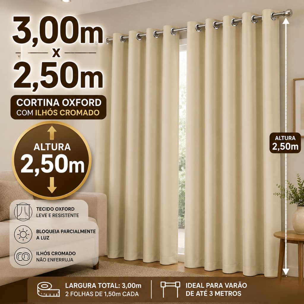 Cortina 3,00 x 2,50 Sala Quarto para Varão de 2,50 Tecido Oxford Premium