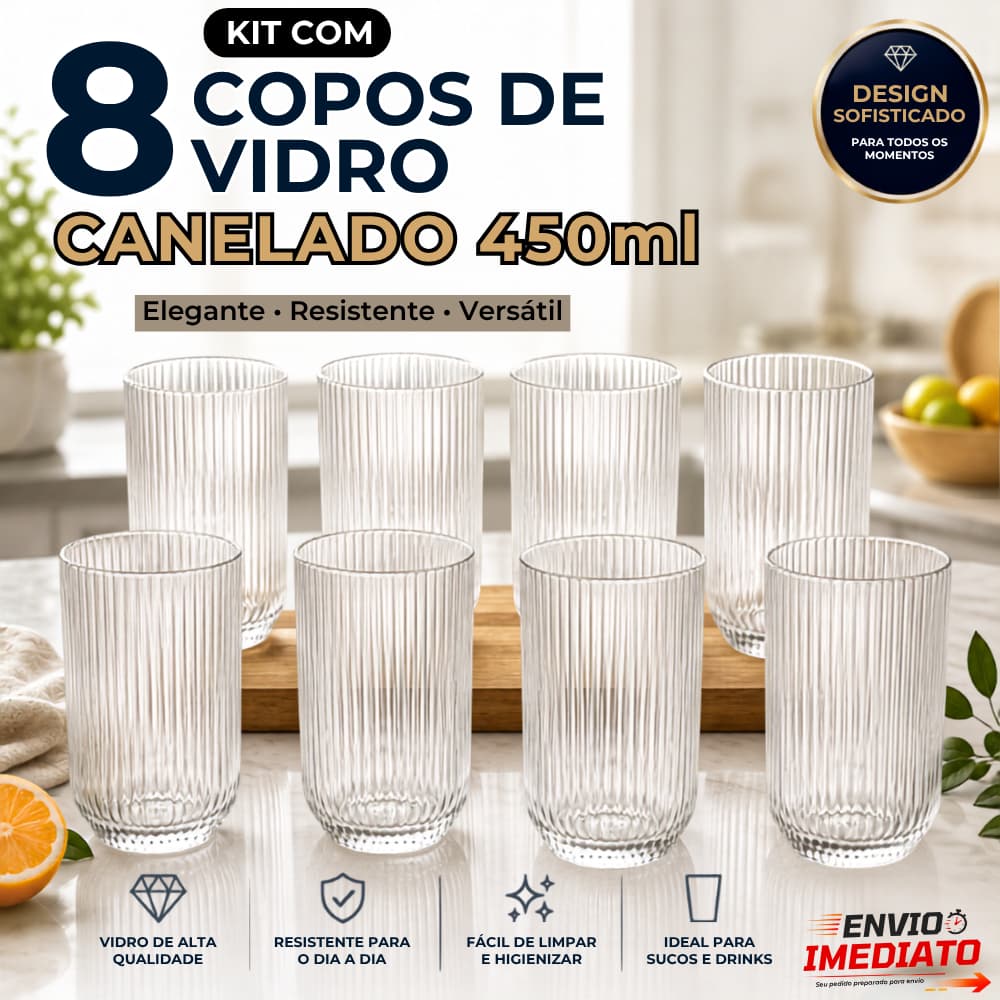 Jogo 8 Copos de Vidro Canelado 450ml Elegantes para bebidas Água Suco Drinks