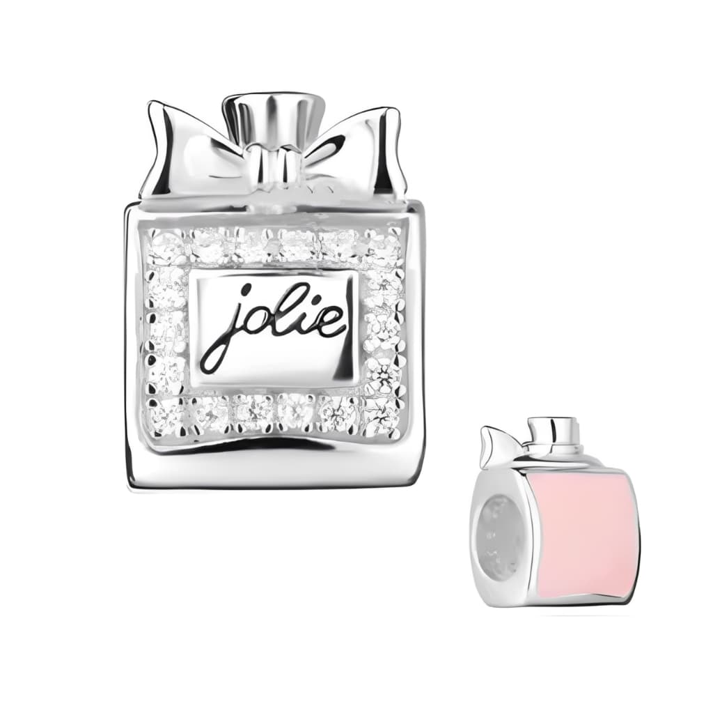 Berloque 100% prata 925 de vidro de perfume, com lacinho, detalhes em zircônia e atrás rosa cod 131