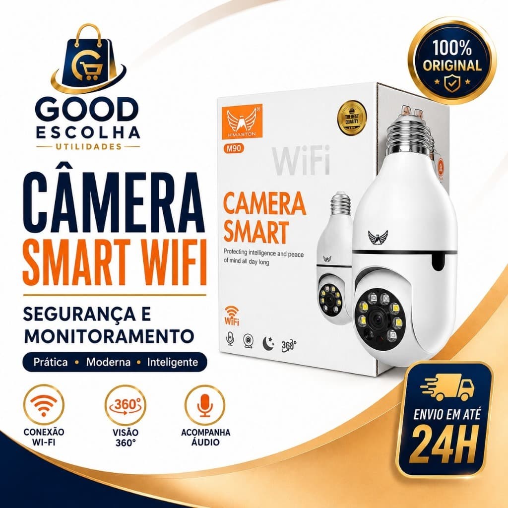 Câmera Smart WiFi 360° Tipo Lâmpada Monitoramento pelo Celular Visão Noturna Áudio App Segurança