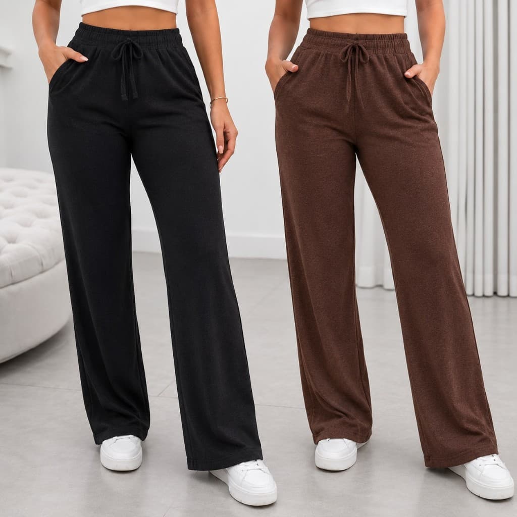 Calça Pantalona Lãzinha Feminina Cintura Alta Elástico Cordão De Amarrar Confortável Com Bolso Outono Inverno
