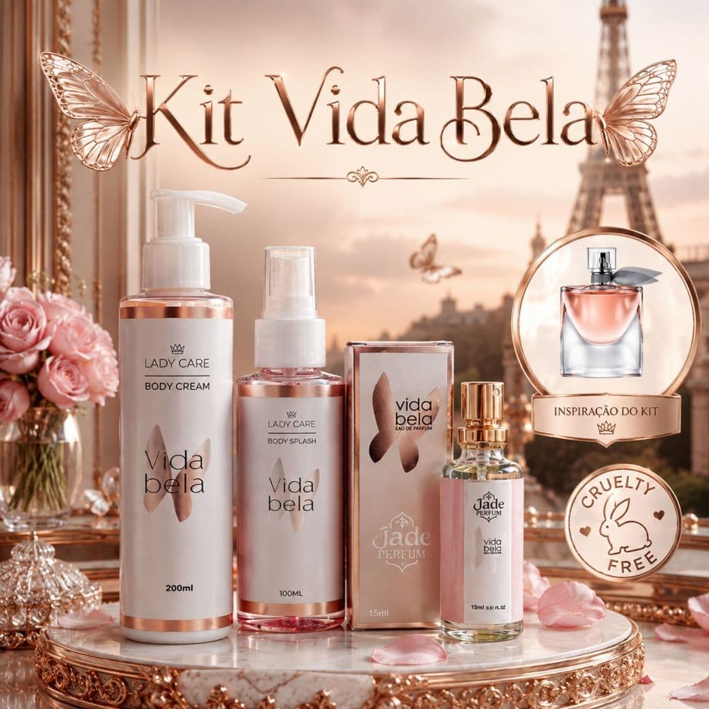 Kit Fragrância Feminina Vida Bela – Inspirado em La Vie Est Belle | Creme Corporal, Body Splash e Perfume