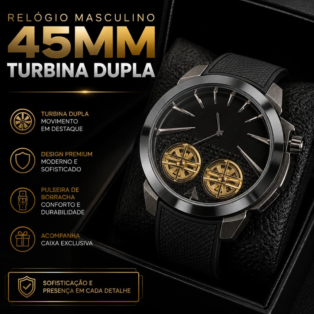 Relógio Masculino 45mm Batman Turbina Dupla Preto Dourado Pulseira de Borracha com Caixa