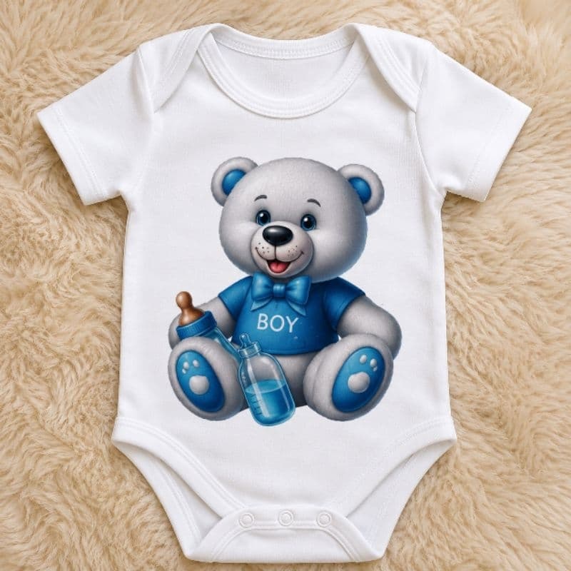 Body Bebê Menino Ursinho Azul Manga Curta Infantil Confortável RN P M G