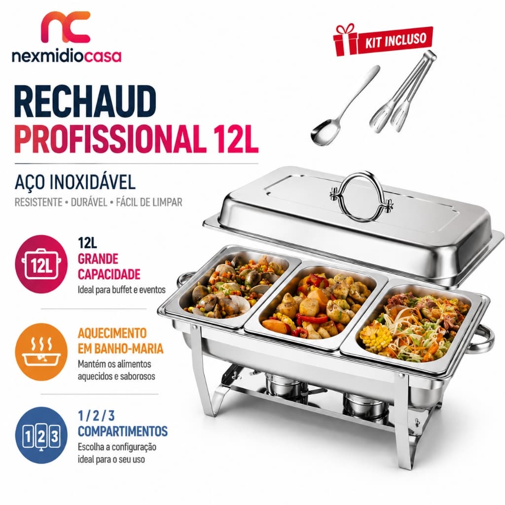 Rechaud Inox 12L Profissional Banho-Maria 1 2 ou 3 Cubas com 2 Queimadores para Buffet Festas Eventos