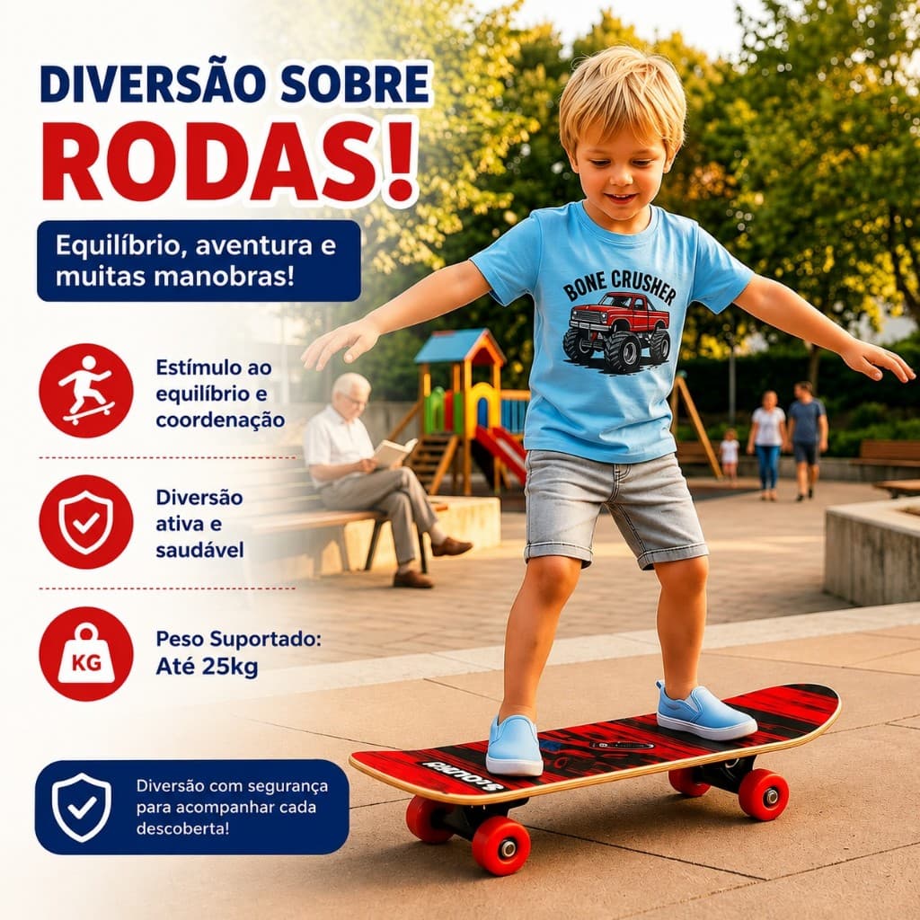 Skate Infantil Estampado Iniciante Shape Madeira Rodas PVC Suporta Ate 25 kg Menino Menina