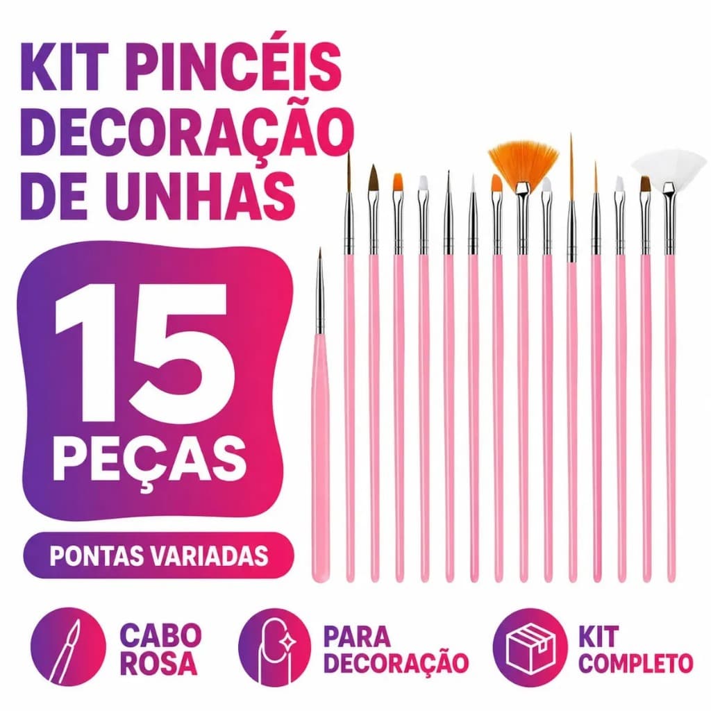 Kit 15 Pincéis para Decoração de Unhas Nail Art Gel Acrigel Fibra Porcelana Manicure Profissional BMED