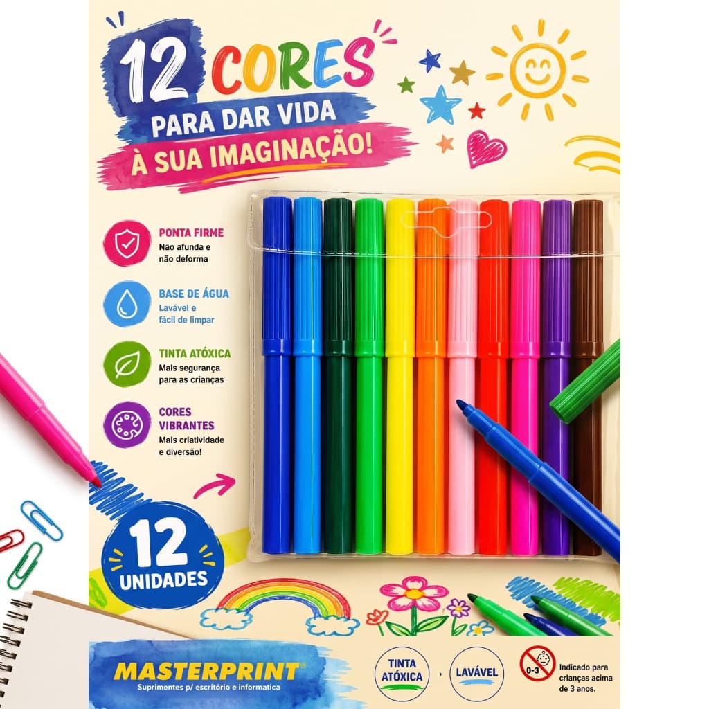 Canetinha Hidrocor 12 Cores Atóxica Base de Água Masterprint