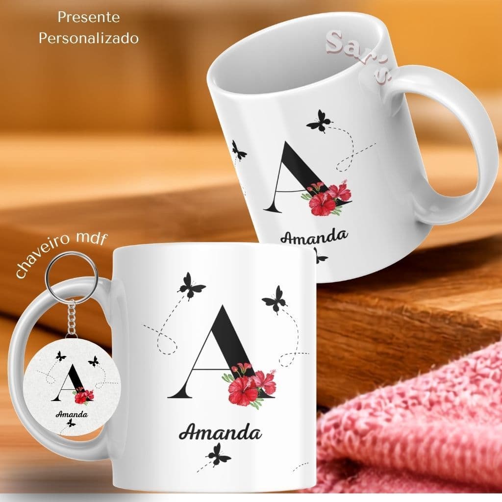Kit Caneca Personalizada 325ml + chaveiro MDF + caixa coração- Personalize o nome - Porcelana
