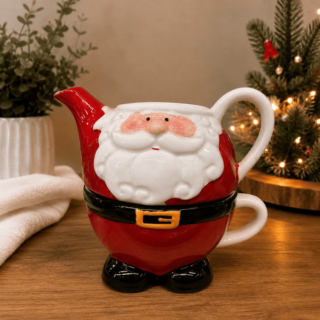 Conjunto Bule e Xícara de Natal Papai Noel Porcelana Vermelho Decorado Kit Natalino Chá Café