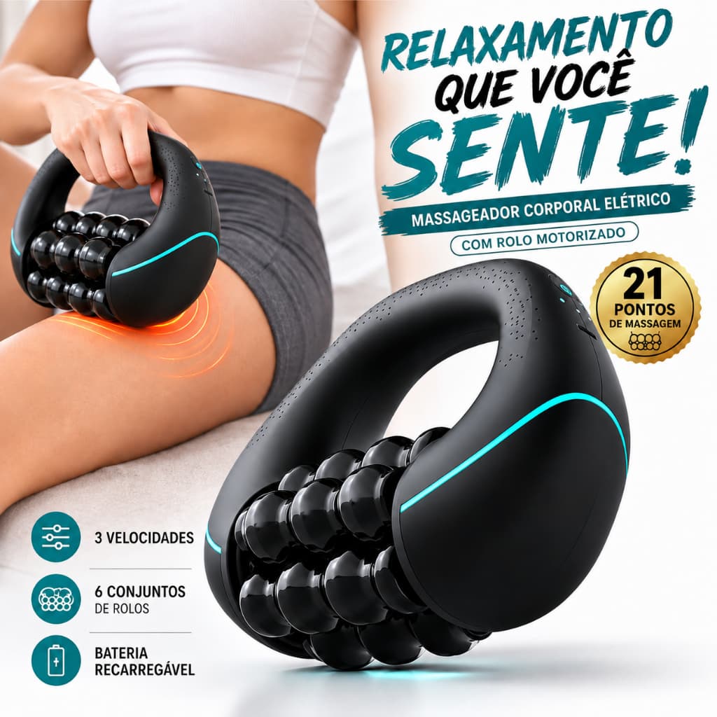 Massageador Corporal Elétrico com Rolo Motorizado – 3 Velocidades | Relaxamento Muscular