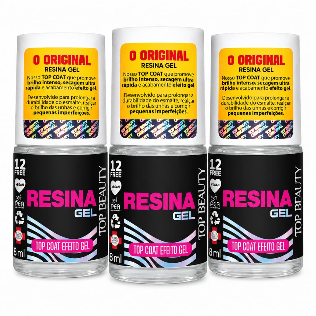 Kit com 3 Bases Resina Gel Top Coat Efeito Gel Linha Sos Unhas Top Beauty