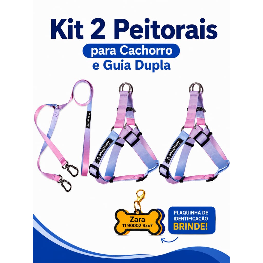 Kit 2 Peitorais para Cachorro e Guia Dupla Mimo Plaquinha de Identificação Resistente e Seguro Pequeno Médio Grande