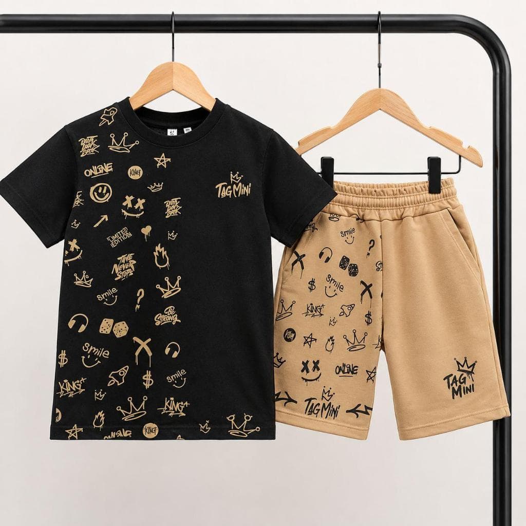 Conjunto Infantil Menino Estilo Streetwear Camiseta Preta Graffiti e Bermuda Bege Tag Mini