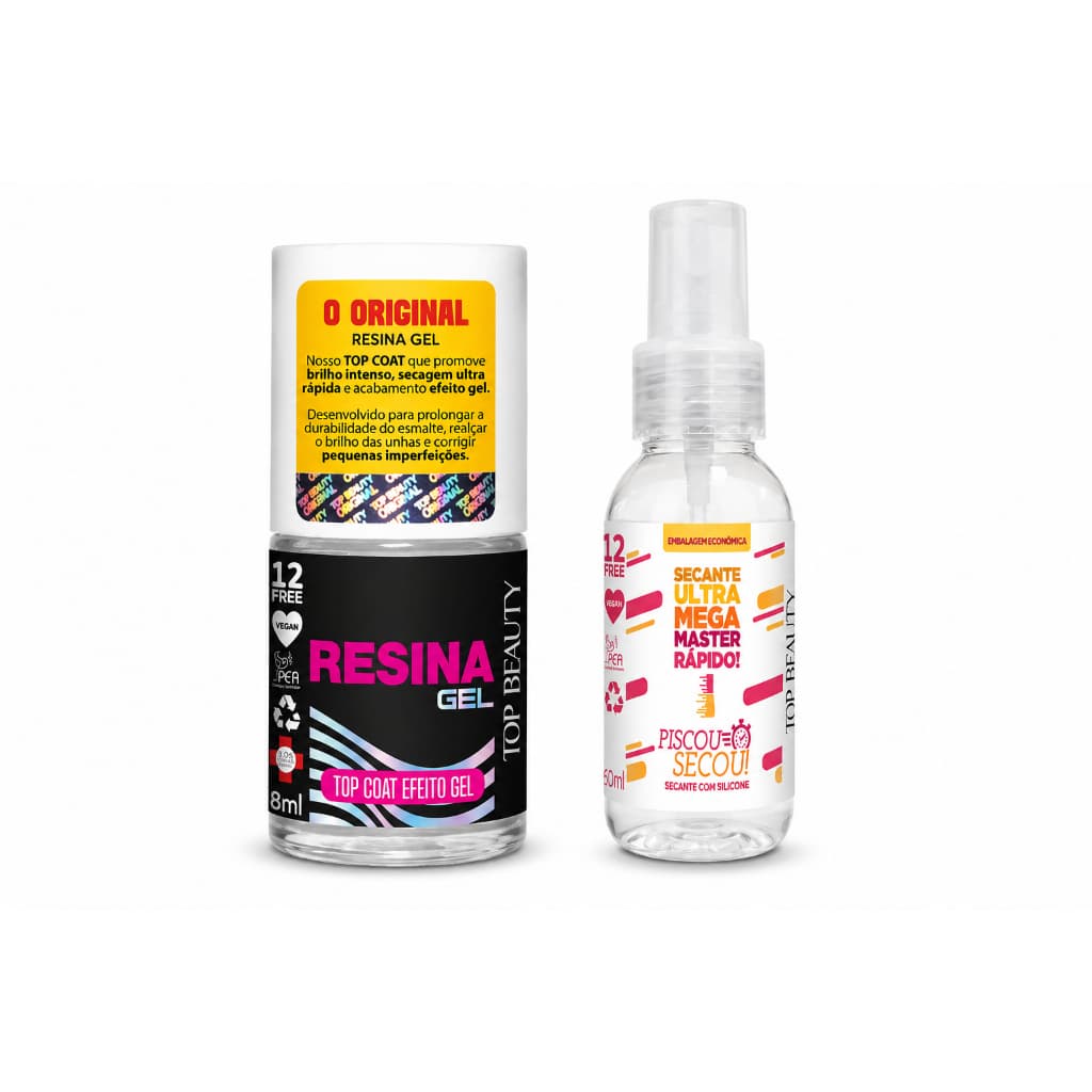 Kit Base Resina Gel Top Coat Efeito Gel Linha Sos Unhas + Piscou Secou Spray 60ML Super Secante Top Beauty