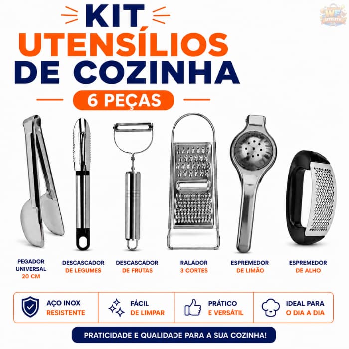 Kit 6 Peças Utensílios de Cozinha em Aço Inox – Pegador, Descascadores, Ralador e Espremedores