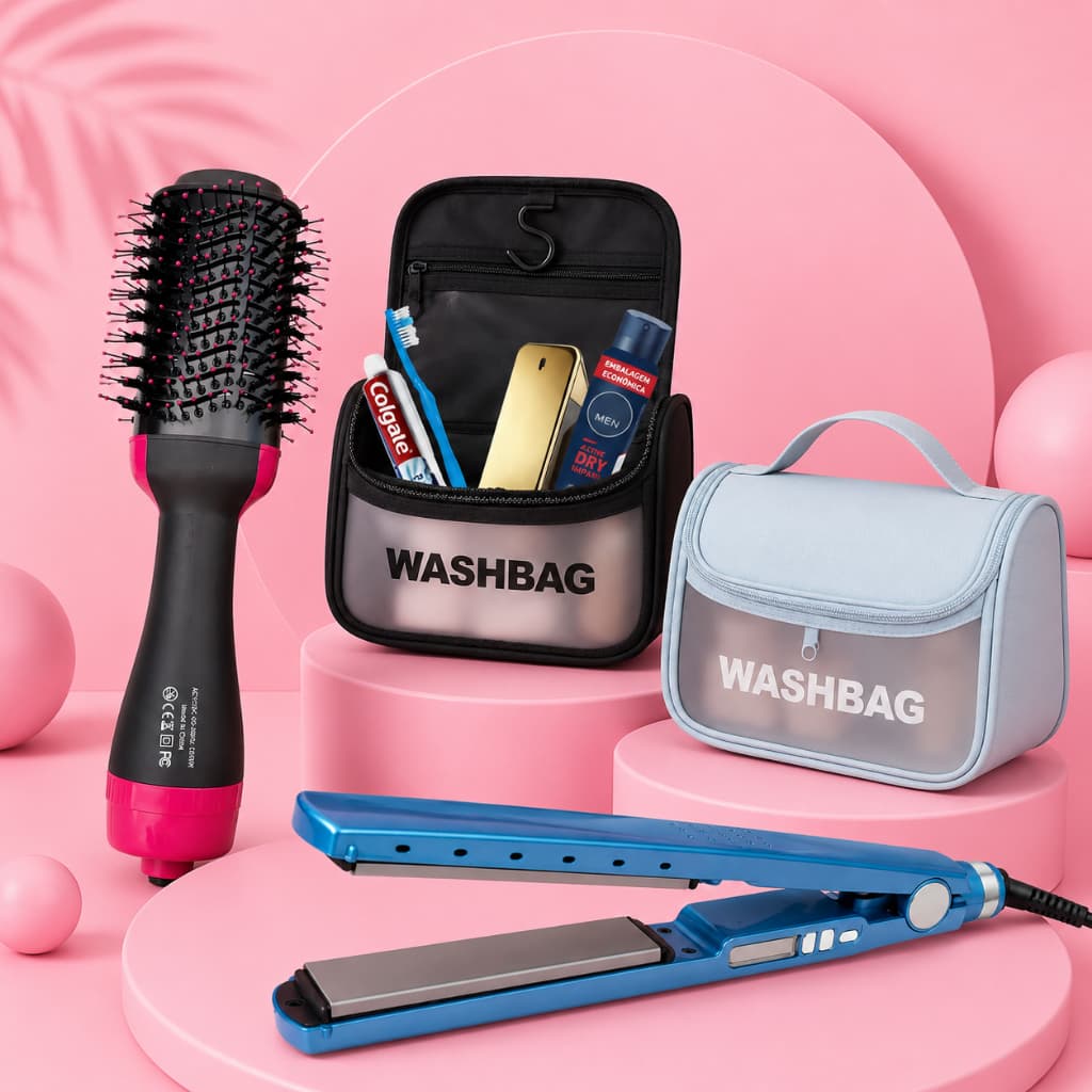 Kit Escova Secadora Rotativa para Cabelo Secador e Chapinha e Necessaire 110V