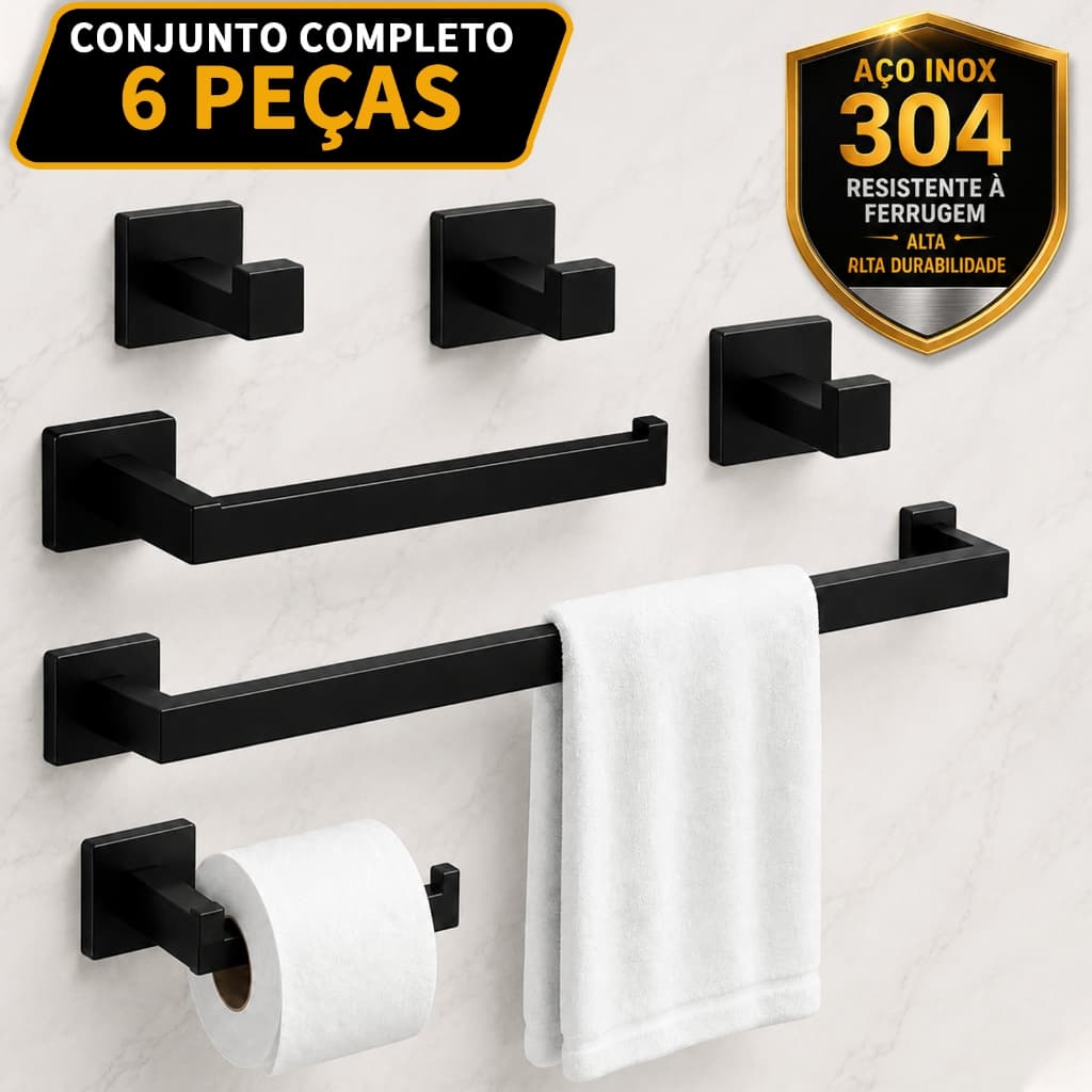 Kit 6 Banheiro Inox 304 Toalheiro Preto Fosco Acessórios Banheiro Premium