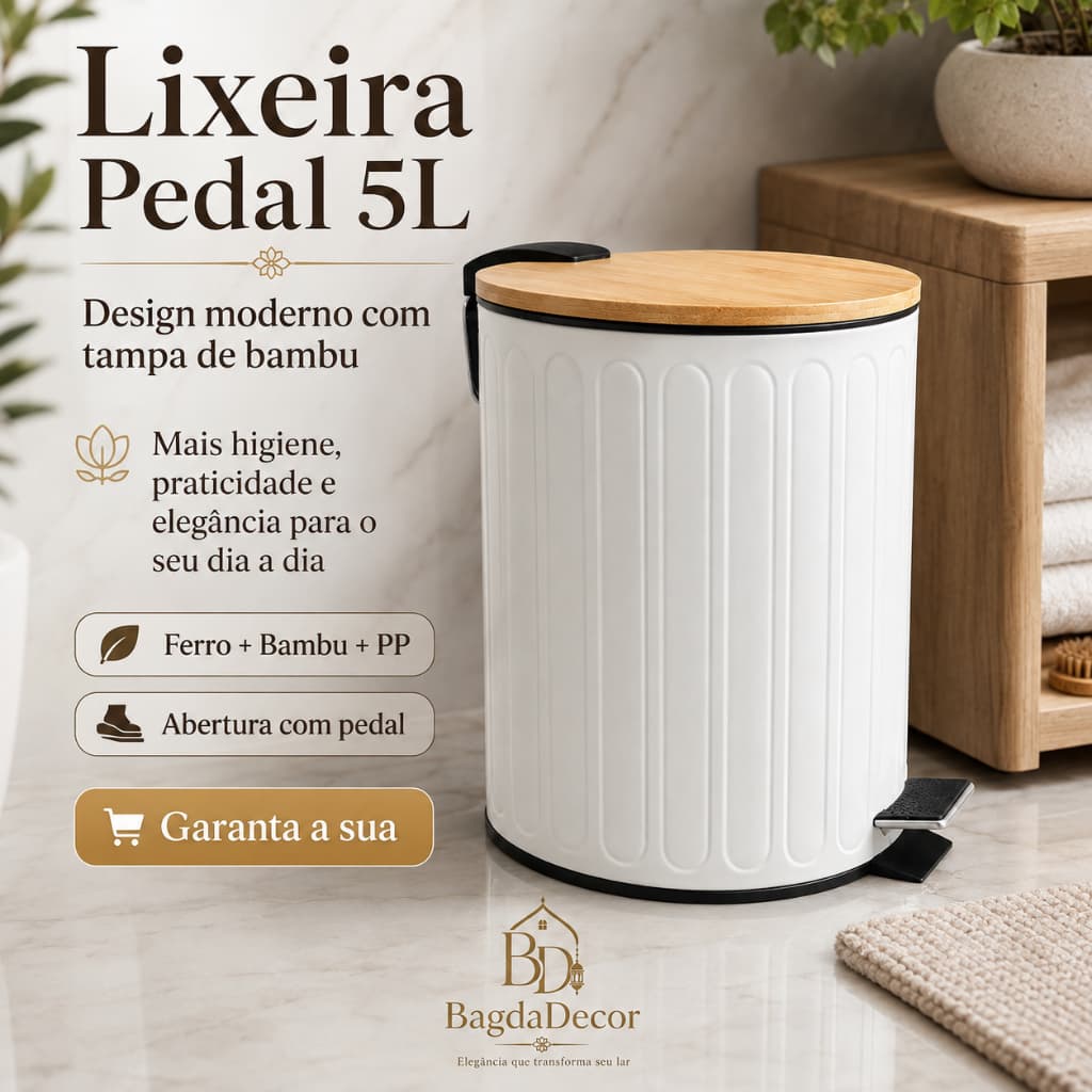 Lixeira Branca Listrada 5L com Pedal Tampa de Bambu Ferro e PP Compacta para Banheiro e Cozinha