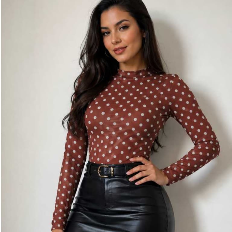 Body Tule Feminino Estampa Poá Bolinhas Manga Longa Transparente em Poliéster com Elastano para Looks Modernos e Elegant