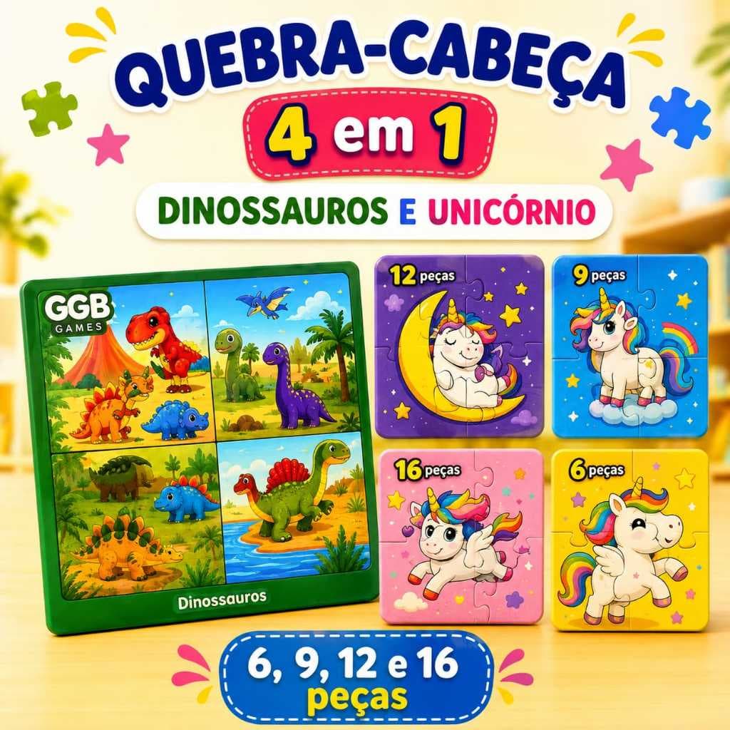 Quebra Cabeças Dinossauro ou Princesas Unicórnio Jogo Brinquedo Presente 43 Peças Educativo Dia das Crianças