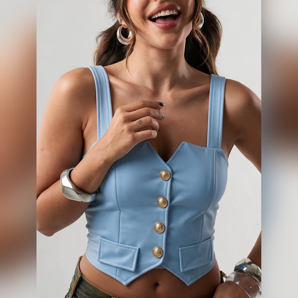 Colete Corselet Cropped Neoprene Feminino Azul Botões Dourados Bolso Falso Barra Bico Marca Cintura Festa Tam Único