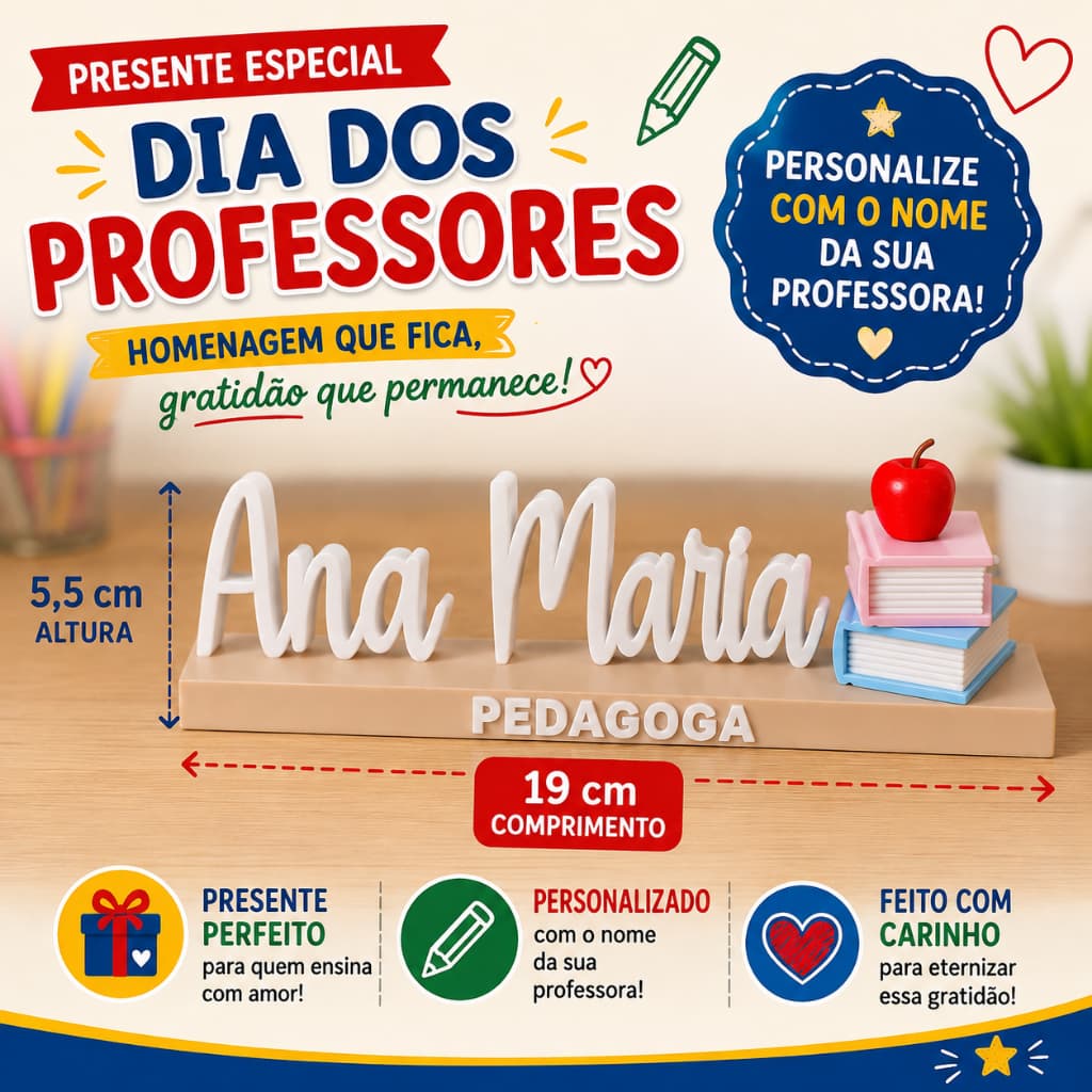 Letreiro Personalizado Dia dos Professores | Nome + Profissão | Presente Criativo e Especial para Professora