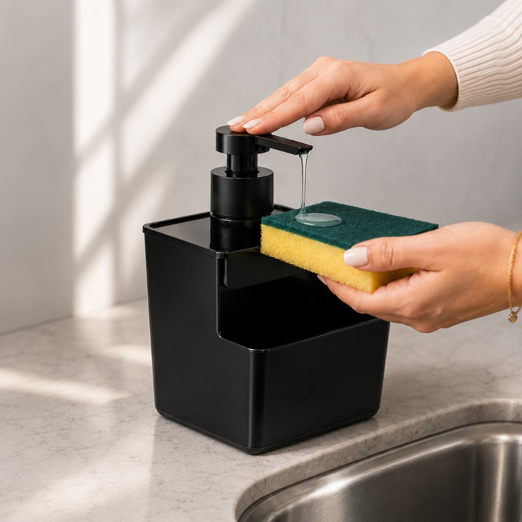 Porta Esponja com Dispenser de Detergente Preto Pop Organizador de Pia Pratico