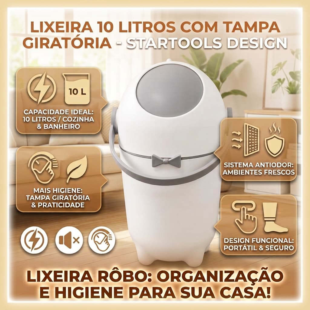 Lixeira 10 Litros com Tampa Giratória – Mais Higiene e Praticidade com Sistema Antiodor para Cozinha e Banheiro