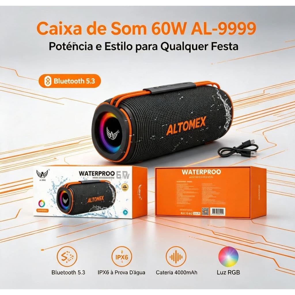 Caixa de Som Altomex 60W Bluetooth Á Prova D'água Luz RGB Alto Falante Duplo e Luz RGB AL-9999