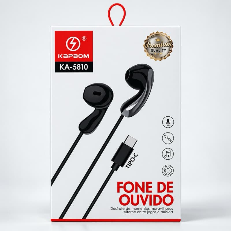 Fone de Ouvido Tipo-C Kapbom KA-5810 com Microfone, Baixo Explosivo e Grave Potente, Ideal para Android USB-C
