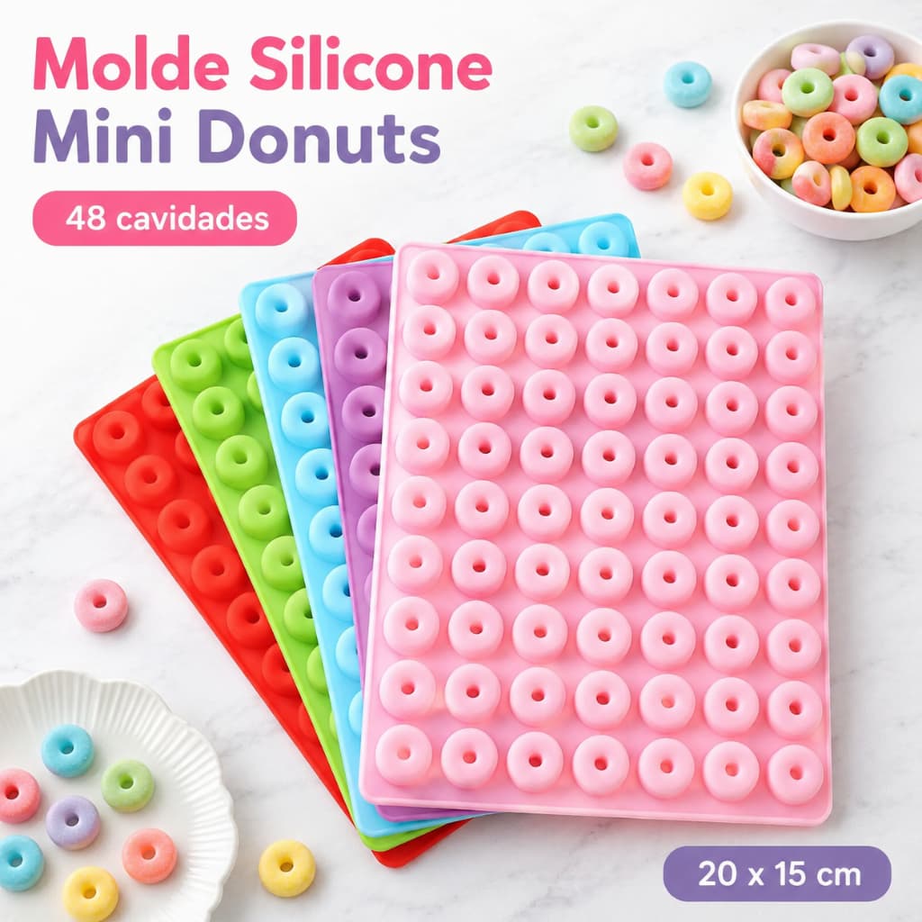 Molde Silicone Mini Donuts 48 Cavidades Forma para Bala Gelatina Chocolate Gelo Doces
