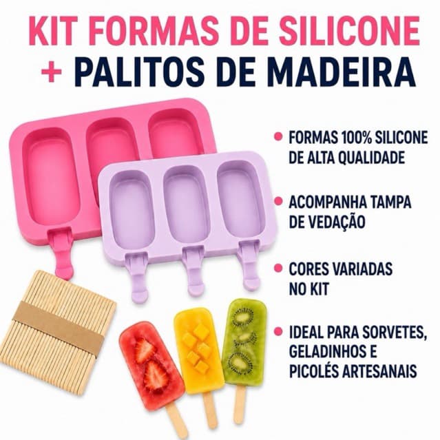 Kit Forma Molde Picolé Silicone Sorvete com Tampa + Palitos Magnum para Fazer Sorvete
