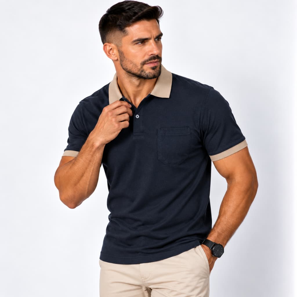 Camisa Polo Masculina Preta Básica com Bolso 100% Algodão Casual