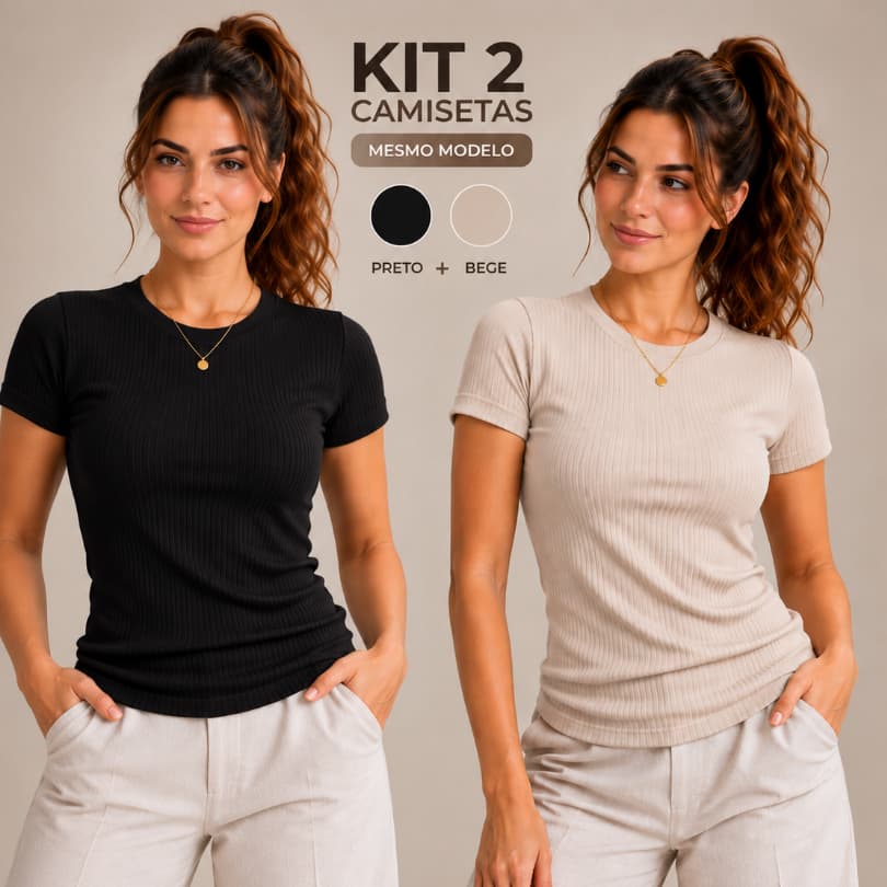 Kit 2 Camiseta Canelada Feminino Manga Curta Blusinhas Blusa Acabamento Premium