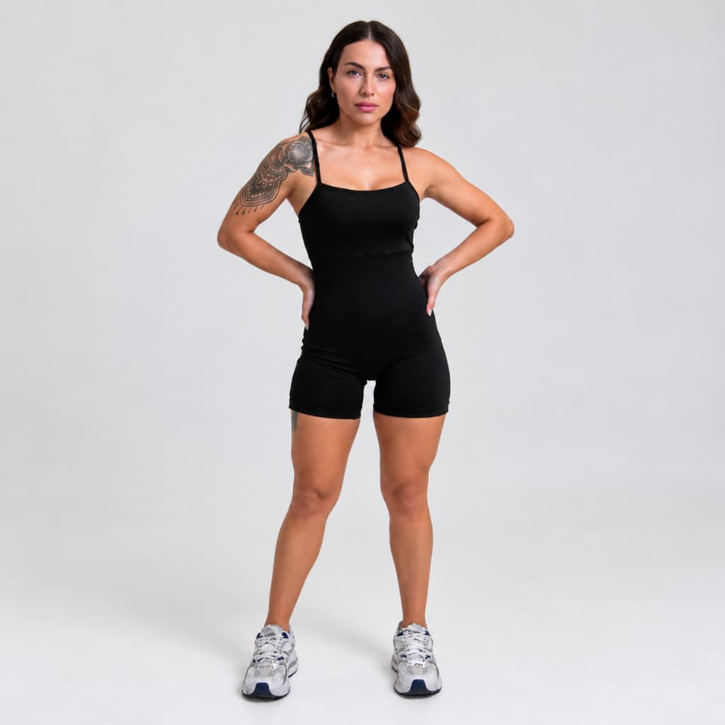 Macaquinho Curto Feminino Fitness Zero Transparência Suplex Premium Duplo Treino Preto
