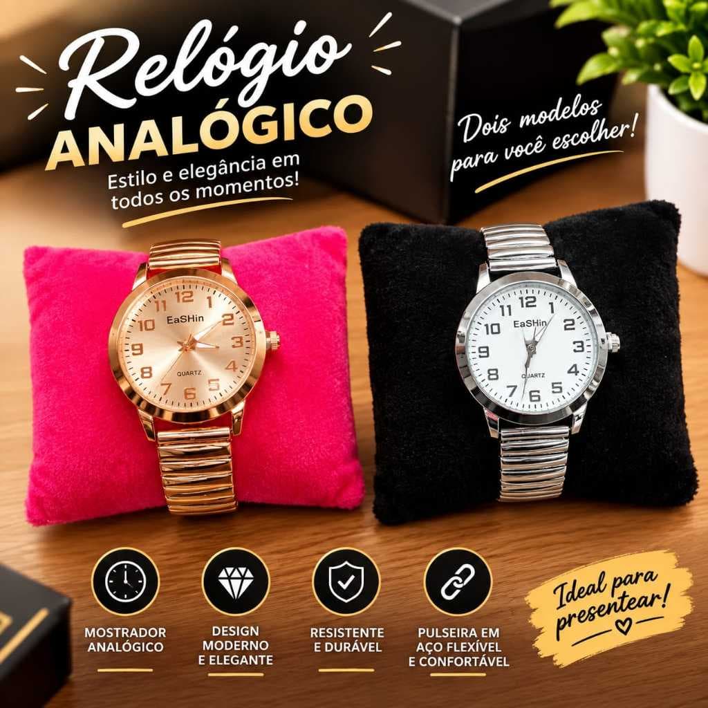 Relógio Feminino Pulseira Elástica Analógico Quartz Redondo Prata e Rose
