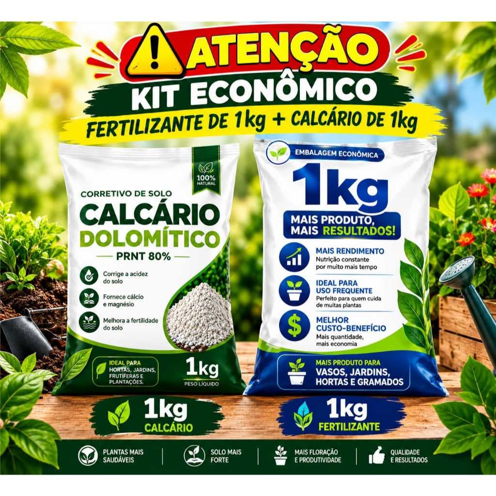 KIT Fertilizante 1KG  NPK 10 10 10 e Calcário 1 KG Nutrição e Proteção Completa Para Suas Plantas .