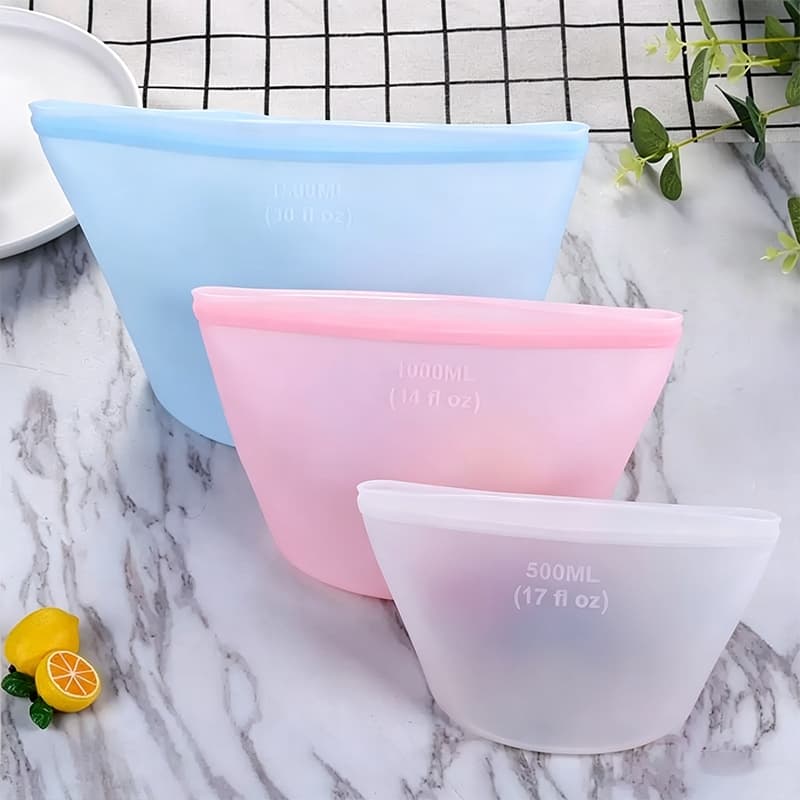 Kit 3 Sacos Silicone Alimentos 500ml/1000ml/1500ml - Ziplock Hermético Freezer Microondas