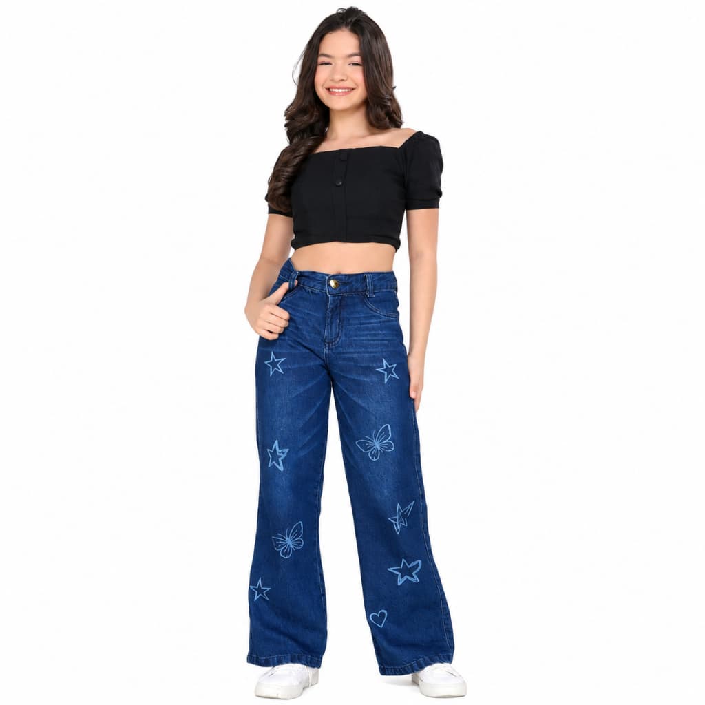 Calça wide leg feminina menina infantil juvenil estampada 10 ao 16