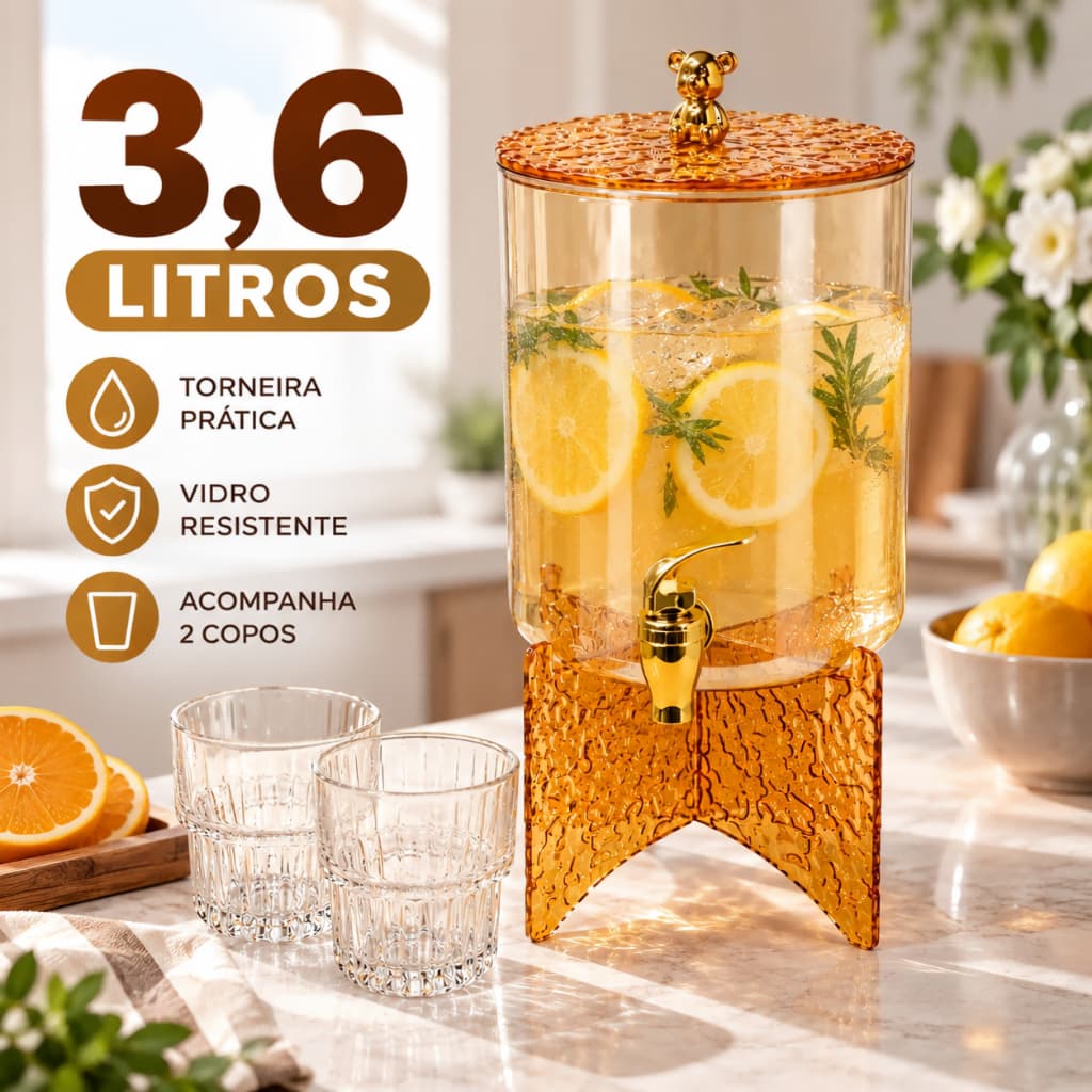 Suqueira de Vidro 3,6L com Torneira e 2 Copos Jarra Dispenser para Suco Água Saborizada Festa Mesa Posta Cozinha