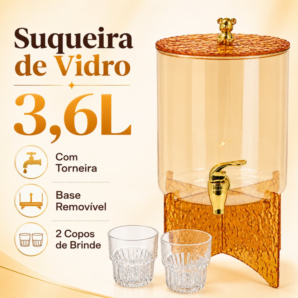 Suqueira Premium de Vidro Âmbar 3,6L com Torneira + 2 Copos Dispenser para Bebidas Mesa Posta Festa Buffet Cozinha