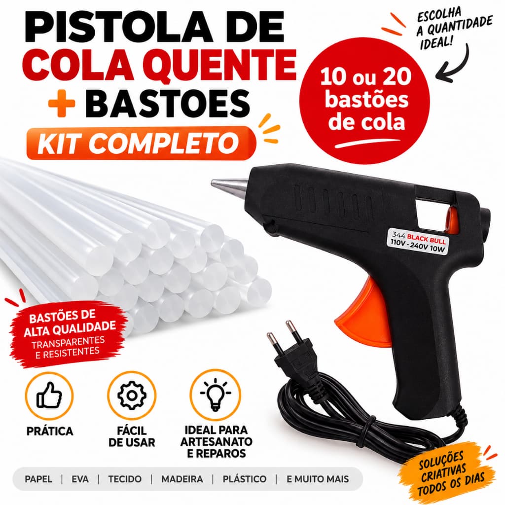Pistola De Cola Quente Bivolt 10w + 10 Bastões De Cola Revolver (110v e 220v) Profissional