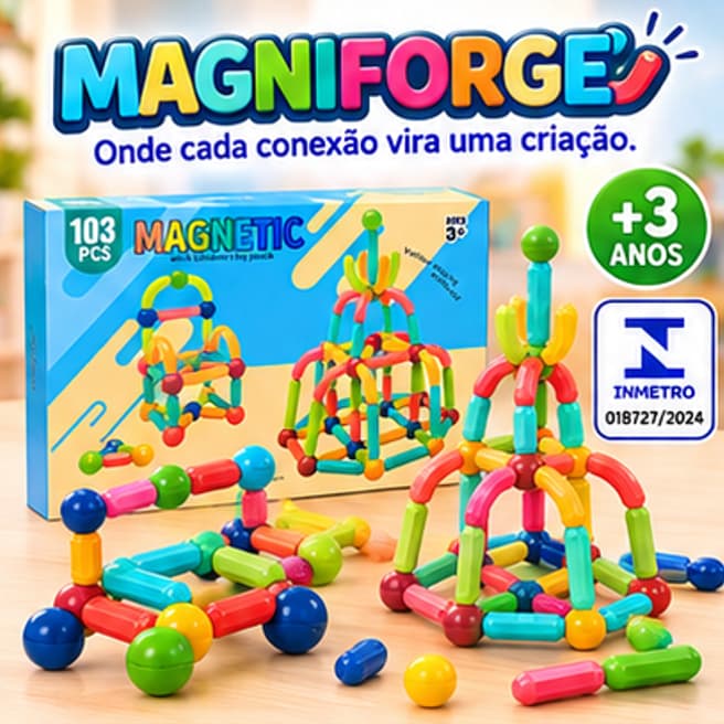 Conjunto Bloco Montar Magnético Infantil  MagniForge 103 Pecas Coloridas Educativo Criativo