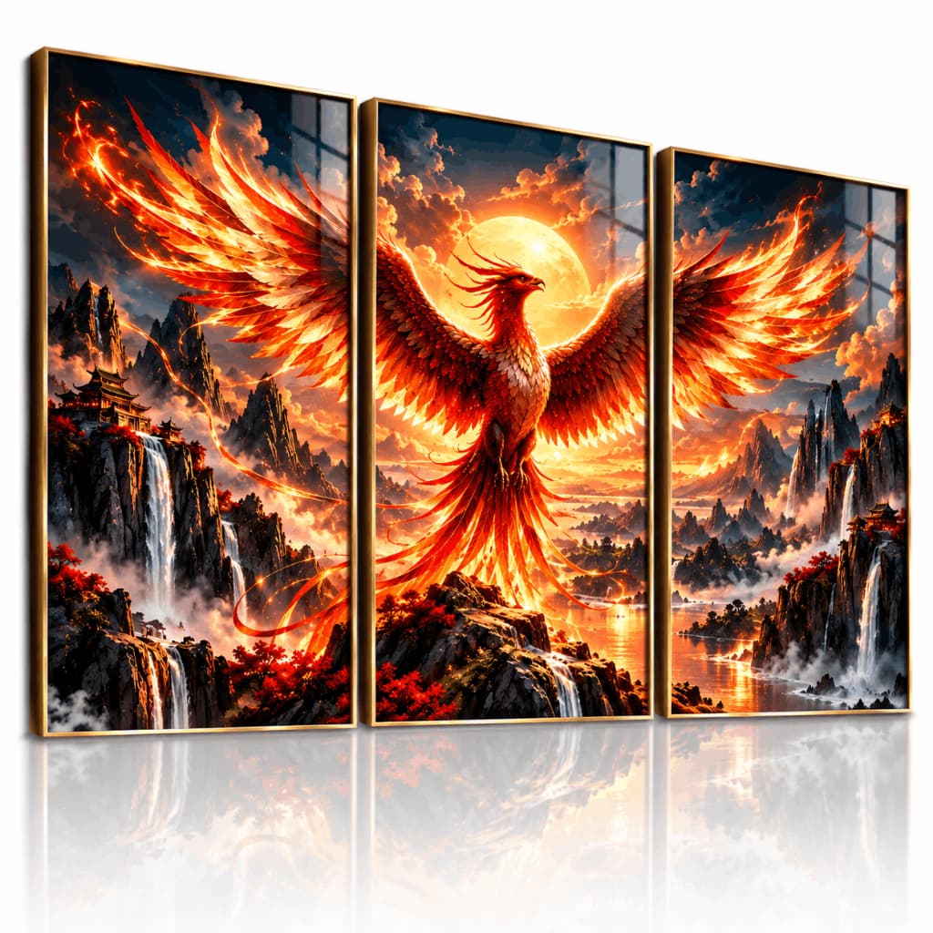Kit 3 Quadros Decorativos Fênix de Fogo Ave Mitológica Paisagem Oriental para Sala Quarto