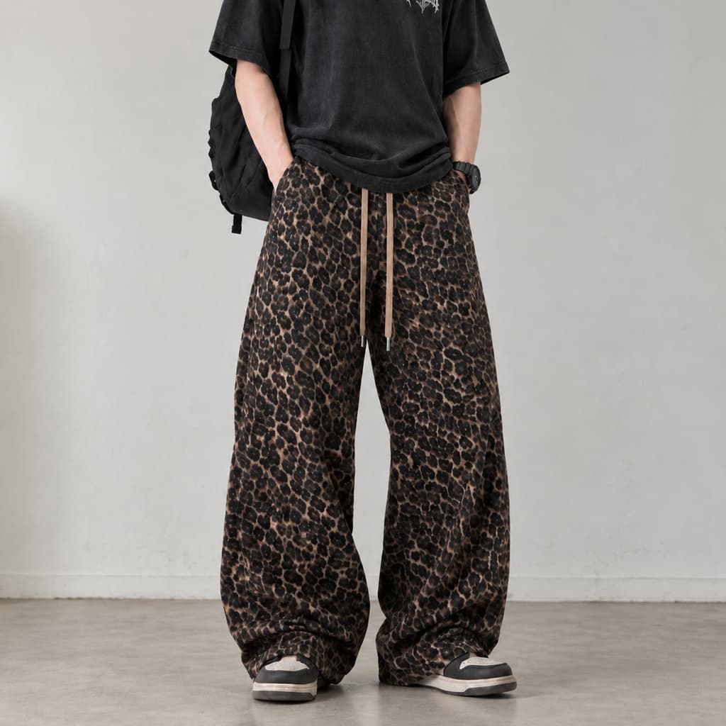 Calça Masculina Estampa Onça Wide Leg Algodão Poliéster Elastano Cós Com Cordão