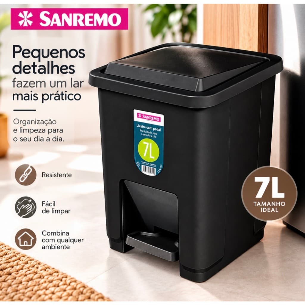 Lixeira para Banheiro Pequena com Pedal 7 Litros Plástico Reforçado Sanremo