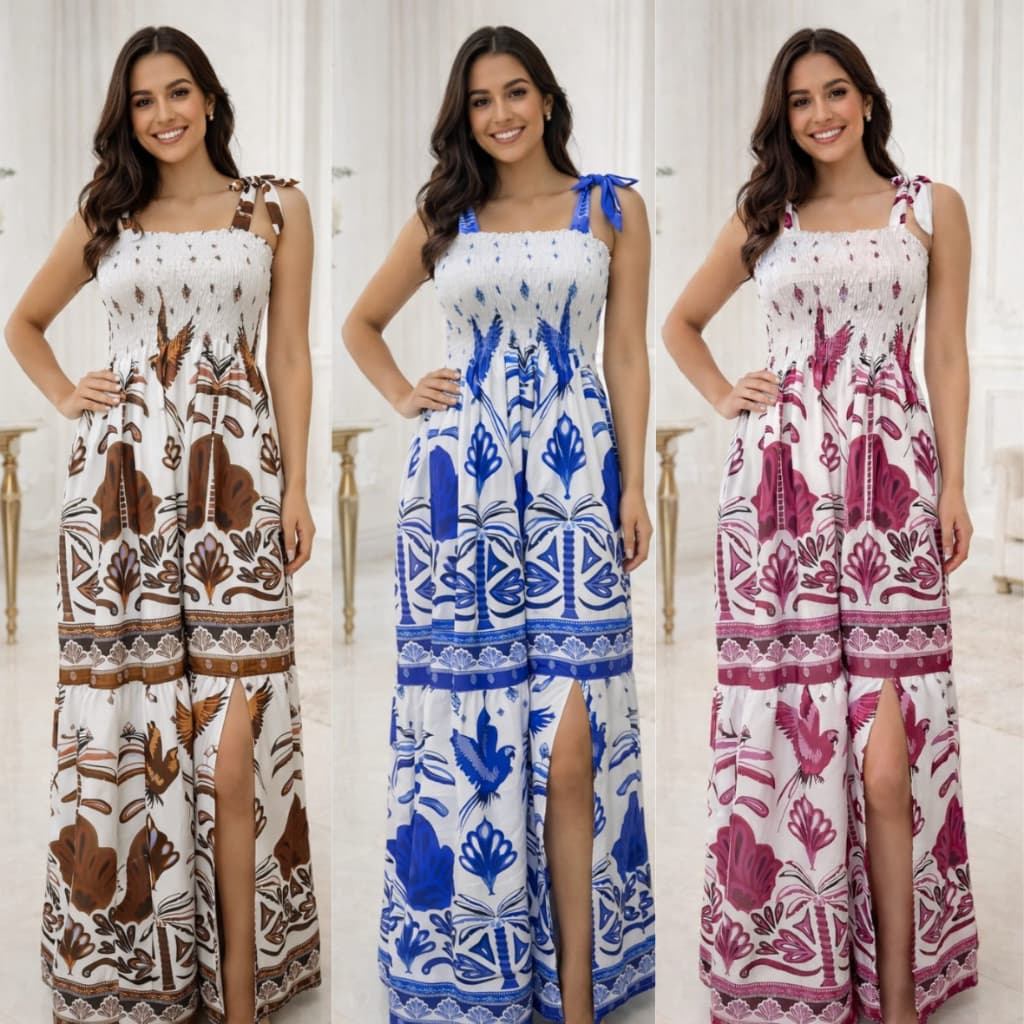 Vestido Longo de Lastex Com Alça Estampado Tecido Crepinho Estampa Florido com Alça larga Ajustável