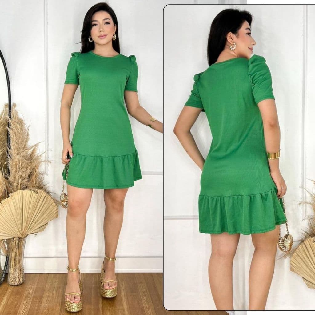 Vestido Feminino Soltinho Malha Ribana Canelada Manga Princesa com Babado Feminino Casual Premium Elegante