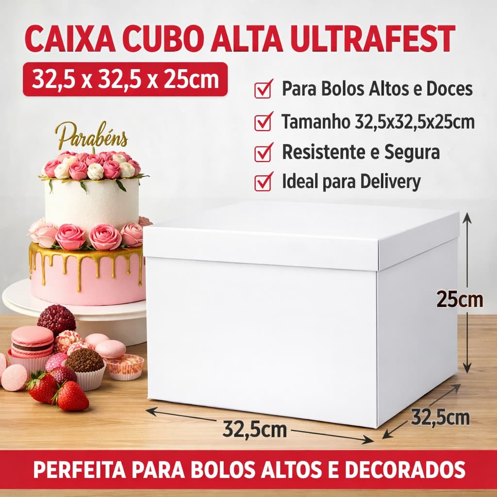 CAIXA CUBO PARA BOLO ALTO - ULTRAFEST - 25 CM DE ALTURA - ENVIO IMEDIATO